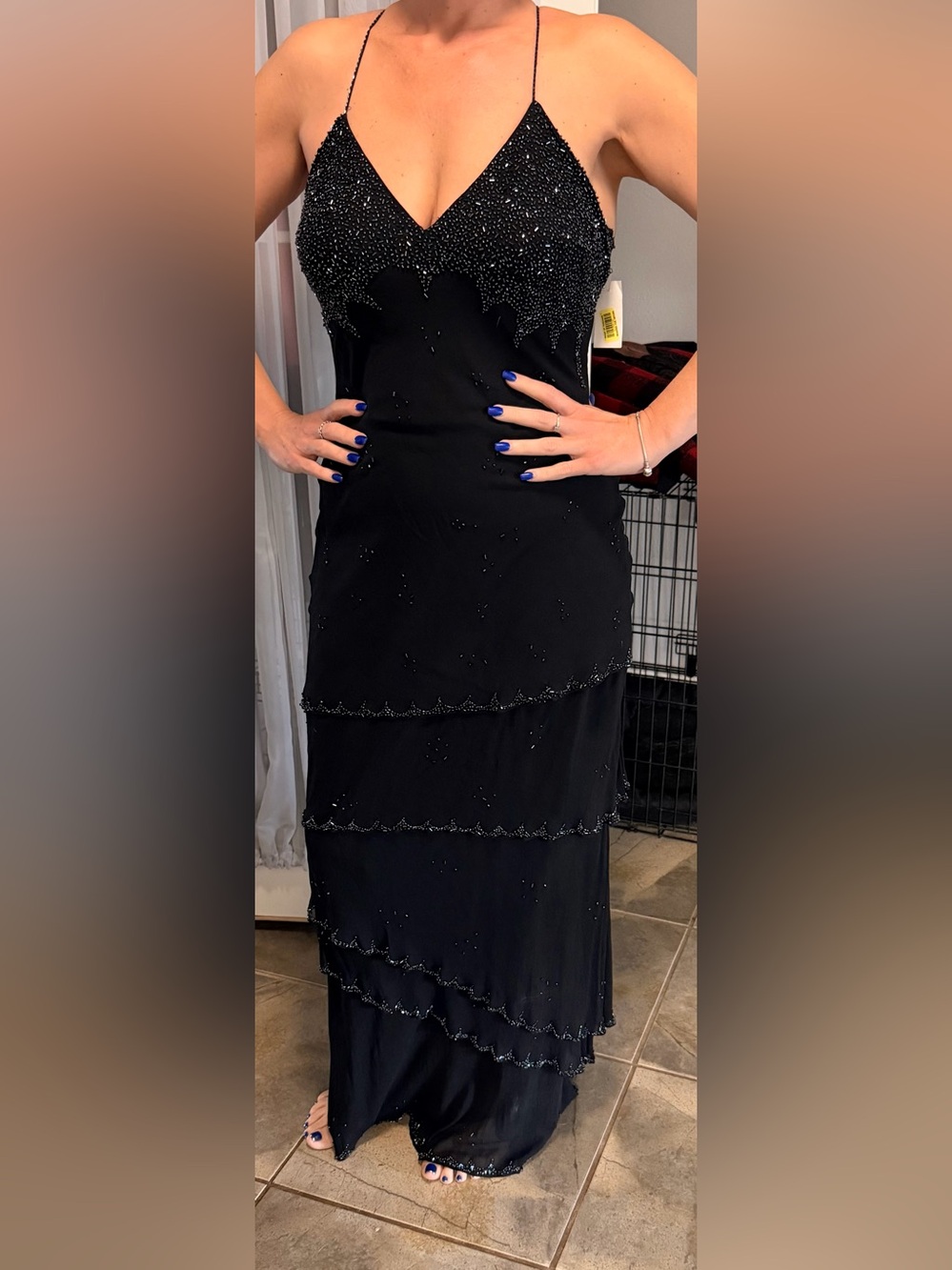 Nina Austin Y2K Black Silk Beaded Maxi Dress with Spaghetti Straps Medium New